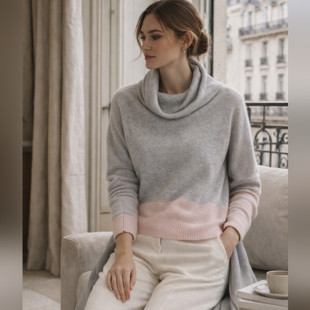 Esthēme 100% Cashmere Colorblock Cowl Neck Sweater Heather Gray Blush Pink